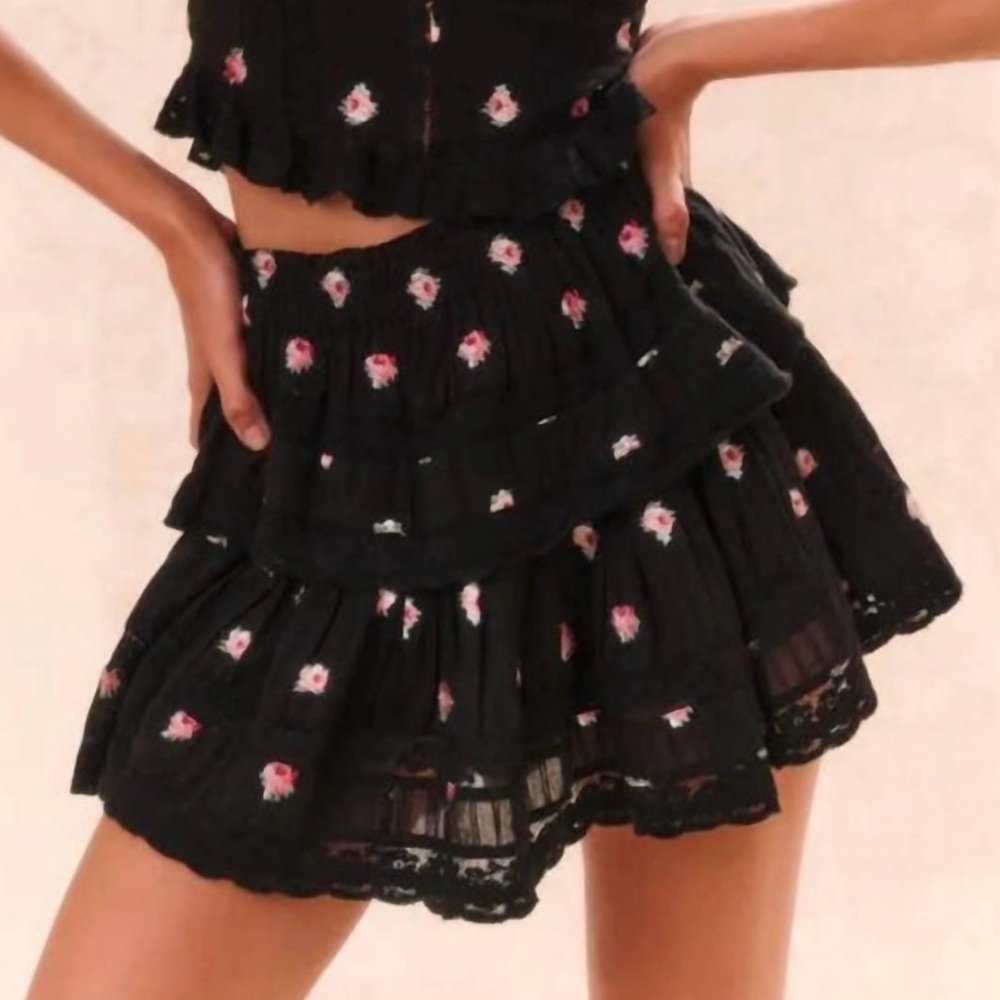 LoveShackFancy Floral Black Ruffled Mini Skirt size XXS